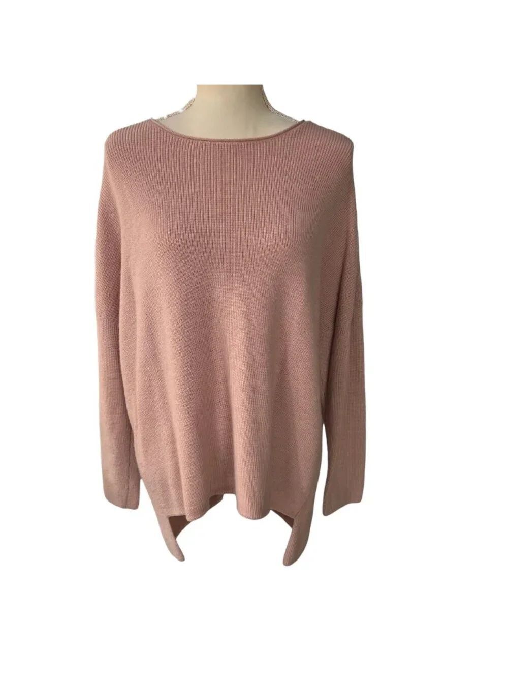 Eileen Fisher Ribbed Merino Wool Boatneck Rose Pink Sweater Size Medium